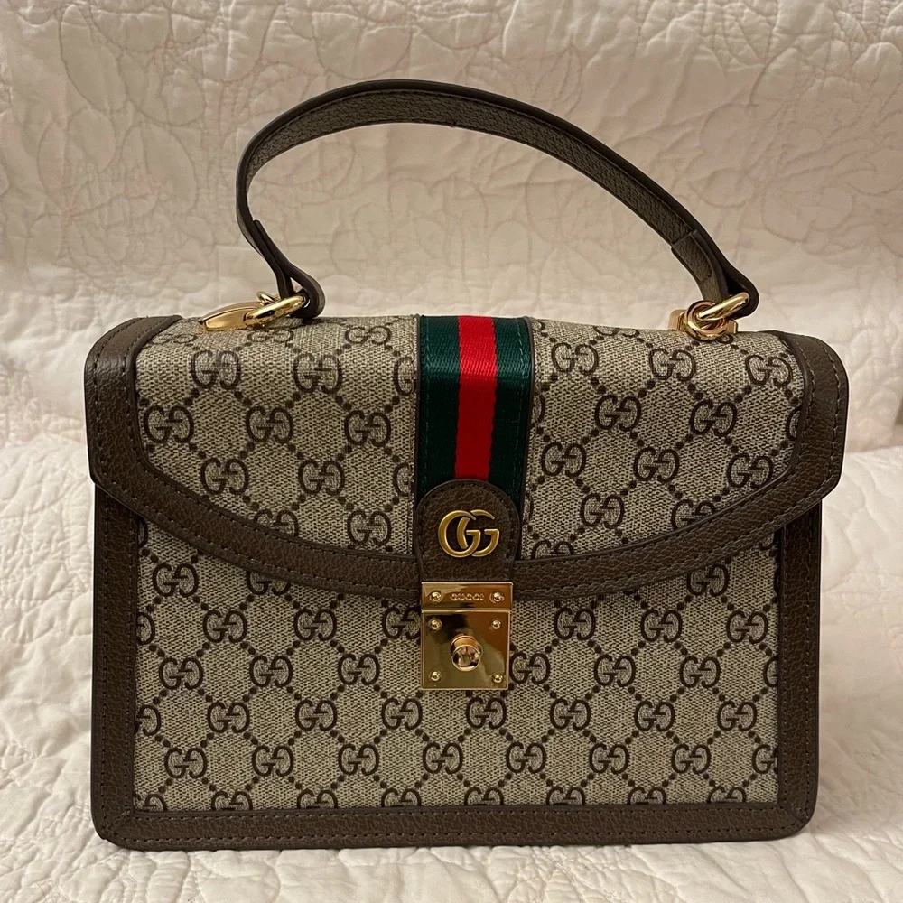 G*U*C*C*I Beige and Brown Satchel with Gold Accents - Picture 3 of 12